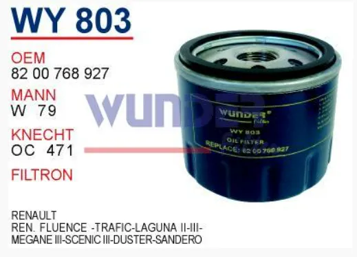 Renault Fluence 1.5 dci 1.6 Benzinli Yağ Filtresi Wunder Marka