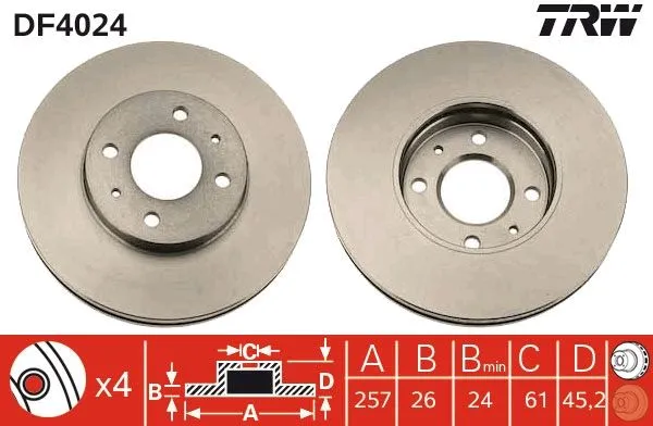 (Ü.K) Fren Diski Ön Hava Kanallı, Boyalı, 4 Bijon, 257 mm Nissan Almera I Hb 2.0 Gti 96-00, Sunny III Lb 2.0 İ 16V 90-95, Sunny III Hb 2.0 Gti 16V 90-95