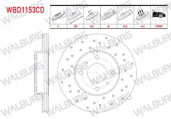 Fren Diski Ön Havalı Kaplamalı Performans Delikli 4 Bjn 280X22x68,1X49,5 Nissan Primera 1.6İ 16V-1.8İ 16V-2.0İ 16V-2.0 TD 1996-2001 / Almera II 1.5İ 16V-1.8İ 2000-2007 / 200 Sx 1.8 1988-1994
