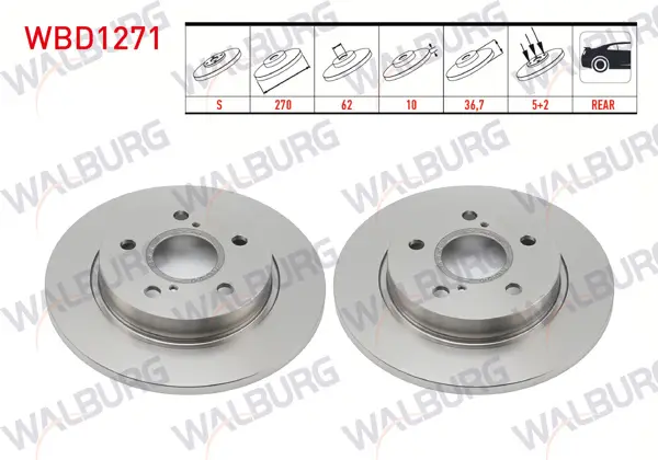 Fren Diski Arka Düz 5 Bjn 270X10x62x36,7 Corolla 1.4 D-4D-1.33 2007-2012 / Auris 1.33 Dual-Vvt-I 2007-2012 / Auris 1.4 D-4D 2007-2012 / Auris 1.33 2012-/ Auris 1.4 D-4D 2012-/ Auris 1.6-1.8 Hybrıd 2012-