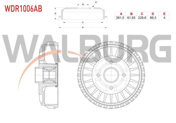 Fren Kampanası Arka Rulmanlı ABS Okuyuculu Tırnaklı 4 Delik 261,5X61,93X228,6X89,3 Renault Clio IV 1.2 TCE-1.5 DCI 2012 / Kangoo 1.5 DCI 2008-/ Captur 1.2-1.5 DCI 2013 -