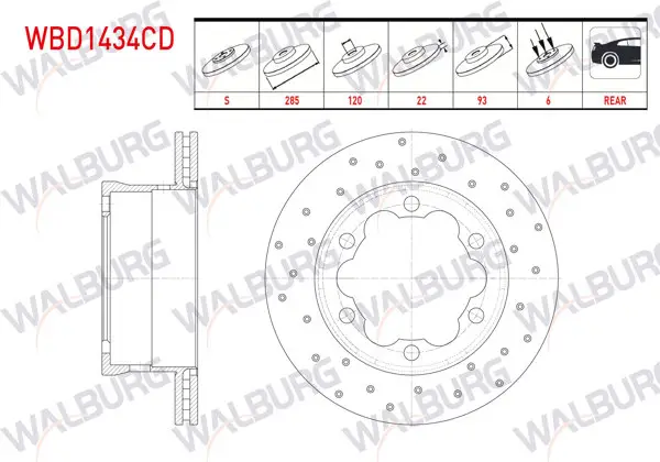 Fren Diski Arka Havalı Kaplamalı Performans Delikli 6 Bjn 285X22x120x93 M.Benz Sprinter 208 CDI-211 CDI / 308 CDI-311 CDI / 411 CDI-413 CDI 1995-2006 / VW Lt 28-46 II 2.5 TDI-2.8 TDI 1996-2006