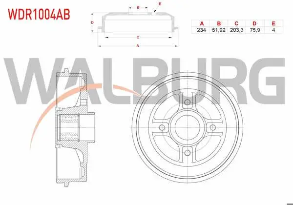 Fren Kampanası Arka Rulmanlı ABS li 4 Delik 234X51,92X203,3X75,9 Renault Clio II 1998-2005 / Megane II 2002-2008 / Symbol II 2008-2012 / Dacia Logan 2004-2012