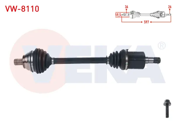 Komple Aks Sol Ön Uzunluk 597mm Volkswagen Golf (1K1) 1.6 FSI A-T 2003-2009 / Passat (3C2) 1.6 FSI A-T 2005-2008 / Skoda Octavia (1Z3) 1.6 FSI A-T 2004-2012