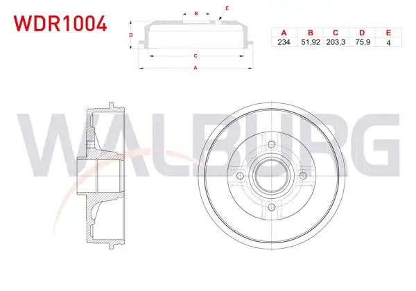 Fren Kampanası Arka (ABS li Tip) 4 Delik 234X51,92X203,3X75,9 Renault Clio II, III 1998-2012 / Megane II 2002-2008 / Symbol II 2008-2012 / Modus 2004-/ Dacia Logan 2004-2012 / R19