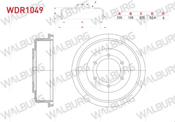 Fren Kampanası Arka 6 Delik 330X108x270x93,4 Mitsubishi L 200 (K7t,K6t) 2.5 TD 1996-2007