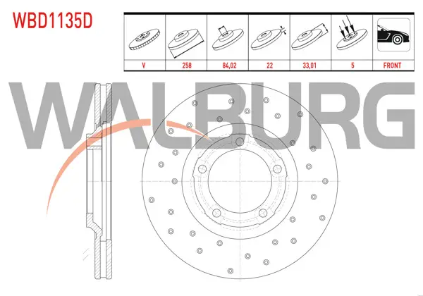 Fren Diski Ön Havalı Performans Delikli 5 Bjn 258,1X22x84,02X33,01 Mitsubishi L 300 (P0w,P1w) 2.5 D 1986-2006 / L 200 (K7t,K6t) 2.5 D 1996-2007