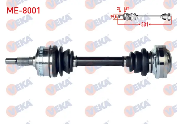 Komple Aks Ön Sol-Sağ Uzunluk 531mm ABS li 48 Dıs Mercedes Vito (638) 108 D 1997-2003