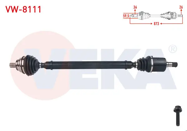 Komple Aks Sağ On Uzunluk 873mm Volkswagen Golf (1K1) 1.6 FSI A-T 2003-2009 / Passat (3C2) 1.6 FSI A-T 2005-2008 / Skoda Octavia (1Z3) 1.6 FSI A-T 2004-2012