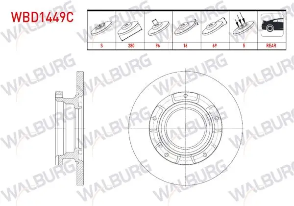 Fren Diski Arka Düz Kaplamalı 5 Bjn ABS li 280X16x96x69 Ford Transit (V347)-(V348) 2.2 TDCI 2006-2004