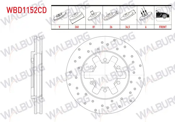Fren Diski Ön Havalı Kaplamalı Performans Delikli 6 Bjn 260X26x81x36,5 Nissan Pick Up (D22) 2.5 D 4X4 1998-/ Pick Up (D22) 2.5 Dı 4X4 1998-
