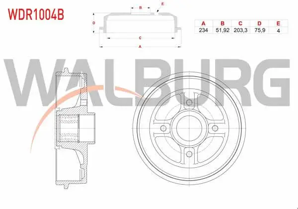 Fren Kampanası Arka Rulmanlı 4 Delik 234X51,92X203,3X75,9 Renault Clio II 1998-2005 / Megane II 2002-2008 / Symbol II 2008-2012 / Dacia Logan 2004-2012 / R19