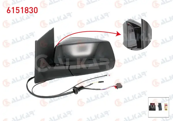 Dış Dikiz Aynası Sol Elektrikli Isıtmalı Otomatik Katlanır Kör Noktalı Antenlı Parlak Siyah 7 + 2 Pin Ford Tourneo Connect 2022-/ Volkswagen Caddy V 2020 -