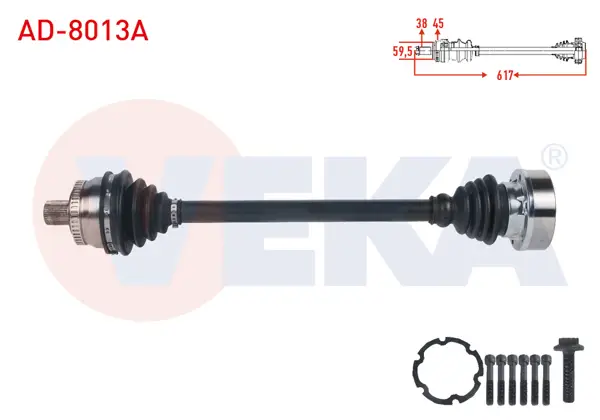 Komple Aks Sol Ön ABS li 45 Dıs Uzunluk 617mm Audi A4 (8E2,B6) 1.6 2000-2004 / A4 (8Ec,B7) 1.6 2004-2008